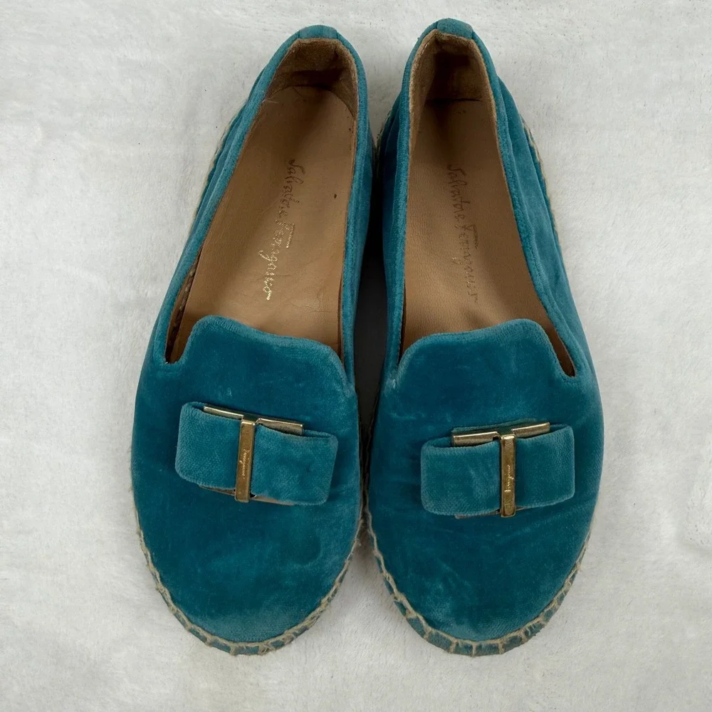 Salvatore Ferragamo Teal Velvet Espadrille‎ Loafers Gold Buckle Italy EU 28 0W